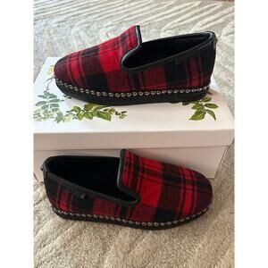 Chelsea & Violet Red Black Plaid Faux Fur Slip-On Studded Slippers Size 6 New